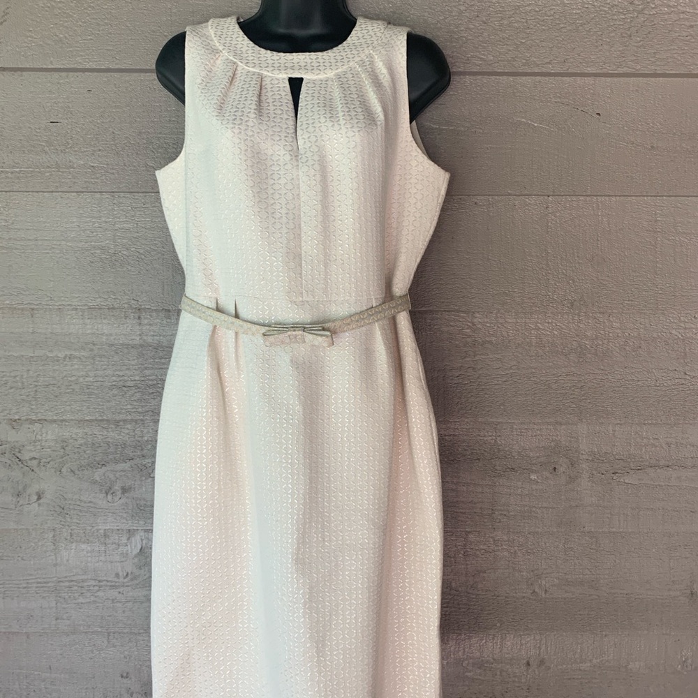 Tahari Cream Sheath Midi Dress Keyhole Neck Cream and Metallic